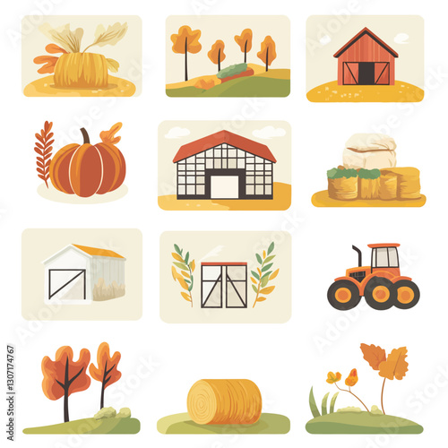 Autumn Harvest Scenes Depicting Farm Elements and Countryside Icons