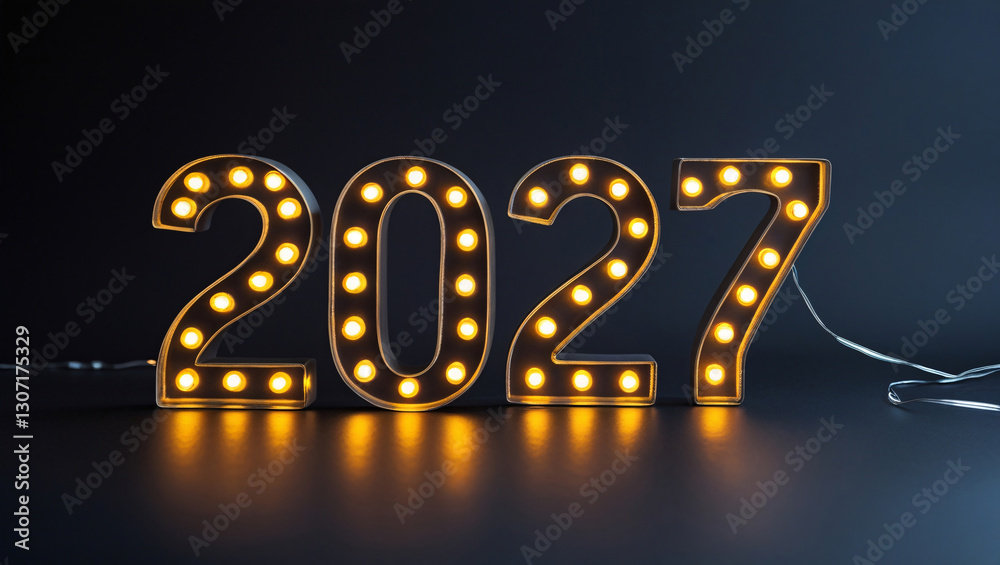 A beautifully glowing '2027' made of LED string lights on a dark background, creating a warm, elegant, and celebratory New Year atmosphere A beautifully glowing '2027' made of LED string lights on a dark background, creating a warm, elegant, and celebratory New Year atmosphere