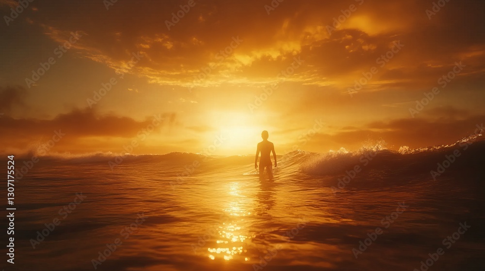 Fototapeta premium Silhouette of a surfer catching the last wave of the day, vibrant sunset sky, golden light reflecting off the water, adventurous and serene vibe, ultra-realistic, high definition.