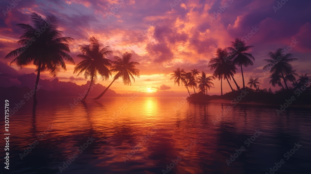 Obraz premium Silhouette of palm trees against a dramatic sunset sky, vibrant orange and purple hues reflecting on the water, peaceful tropical scene, ultra-realistic, 4K.