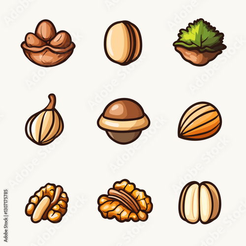 Assorted Cartoon Nuts: Almond, Walnut, Macadamia, Pistachio, and More