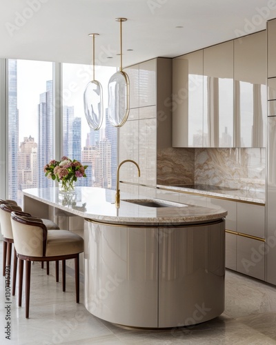 Modern Art Deco kitchen, high gloss taupe cabinetry, curved marble island, sculptural glass pendant, gold accents, panoramic night city skyline