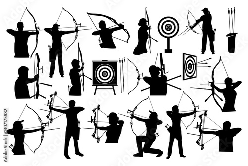 Attractive female and male archer silhouettes. Black and white Vector Illustration