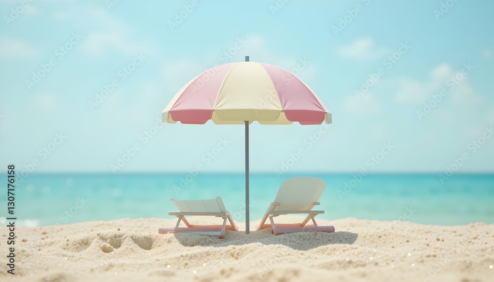 Beach Umbrella and Chairs on Sandy Shoreline for Summer Relaxation Beach Umbrella and Chairs on Sandy Shoreline for Summer Relaxation