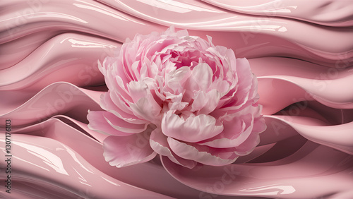 Pink peony on pink cream background in surreal 3D render