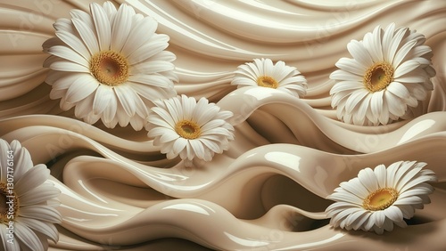 White chamomiles on cream background in surreal 3D render