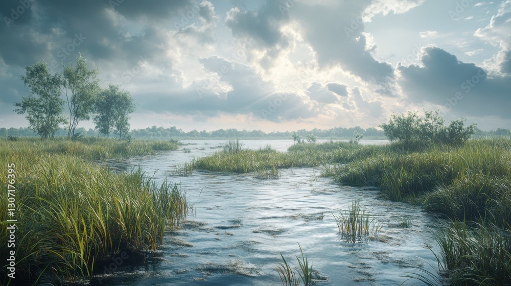 Obraz premium A serene landscape featuring a winding river, lush greenery, and dramatic clouds reflecting a tranquil atmosphere.