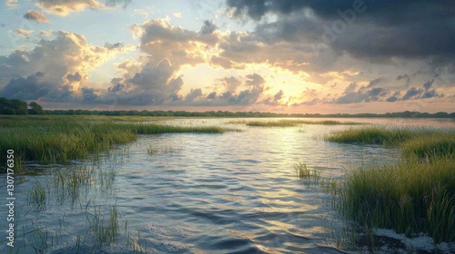 A serene landscape featuring a tranquil water body surrounded by lush greenery under a dramatic sky filled with clouds at sunset.