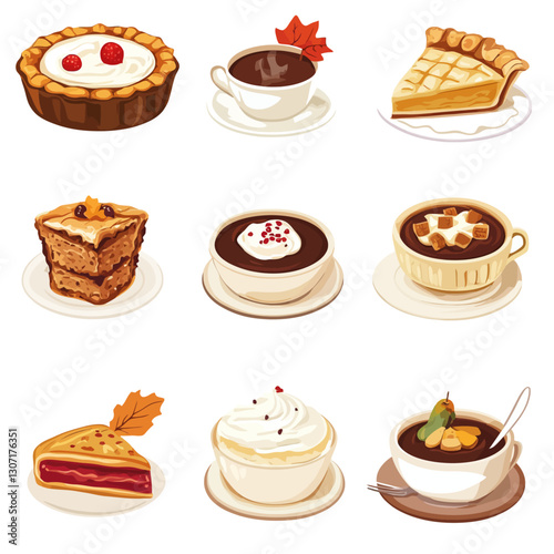 Delicious autumn desserts and hot drinks vector illustration collection