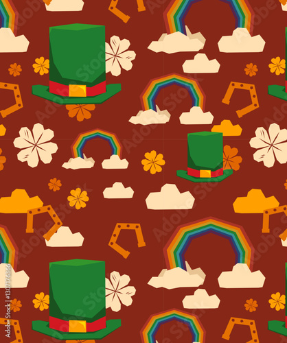 Vector St. Patrick's Day seamless pattern. Bright holiday print. Big Leprechaun hat. Cartoon rainbow, horseshoe, clouds signs. Many rough-shape icons. Cute graphic background. Festive art elements set
