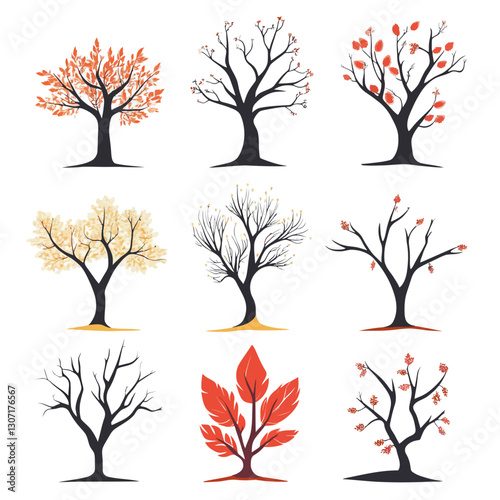 Illustration of nine stylized trees with various colors and leaf types