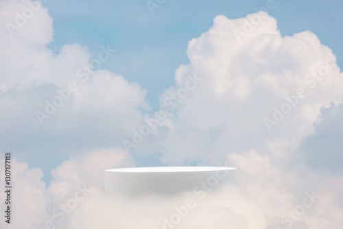 Minimal geometry cylinder podium stage with blue sky white fluffy clouds background.product placement pedestal modern stand display,surreal paradise dreamy concept.