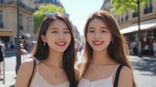 Two Smiling Friends Standing Outdoors on a Sunny Day in a European Urban Setting