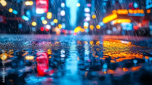 Rainy city night, reflections, blurred lights, urban background, stock photo