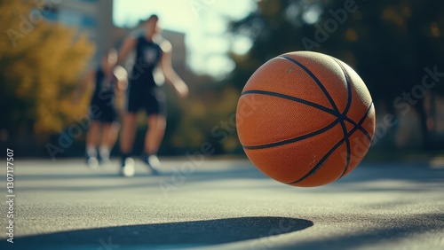 Close-Up of a Basketball in Action on an Outdoor Court with Players