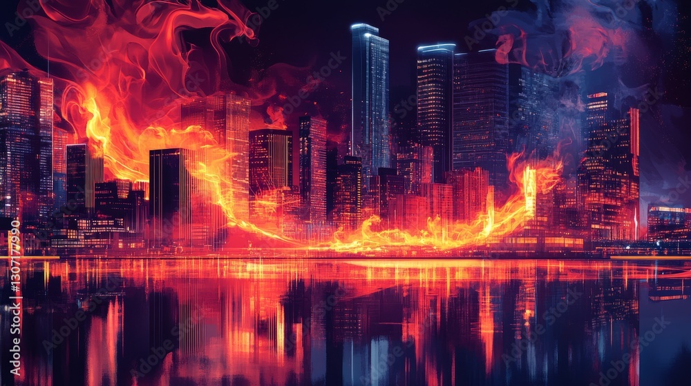 Fototapeta premium fire, line-art, macro, cityscape background, bright fire contrasting against the night skyline, soft smoke blending with the city lights.