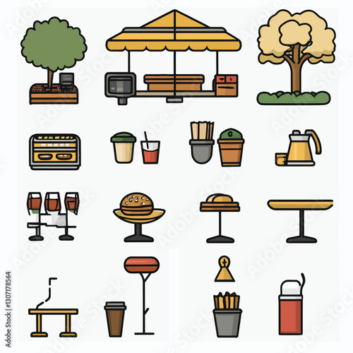 Food stand graphics with tables, trees, drinks, and fast food items
