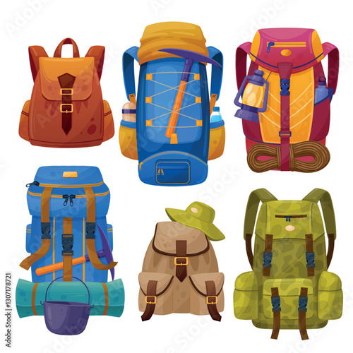 Hiking camp rucksacks. Tourist backpack set, forest trekking gear mountain climbing knapsack adventure travel survival hiker camping equipment bag rucksack tidy vector illustration