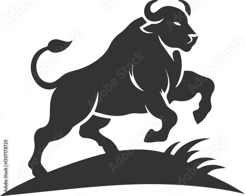 Buffalo running up a hill, muscles flexing animal vector silhouette