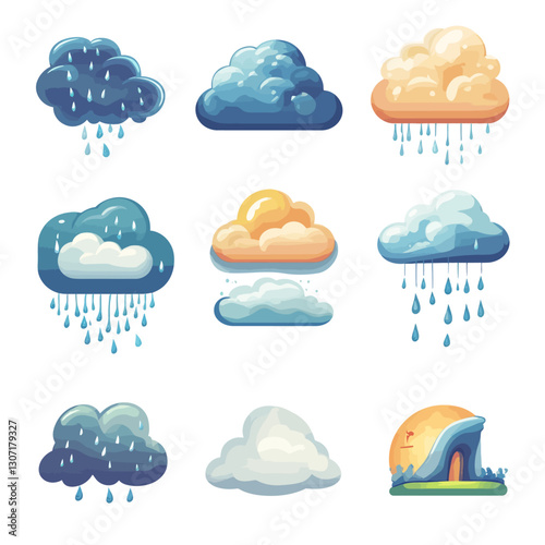 Cartoon Weather Icons Set with Rain Clouds and Cute Cloud House