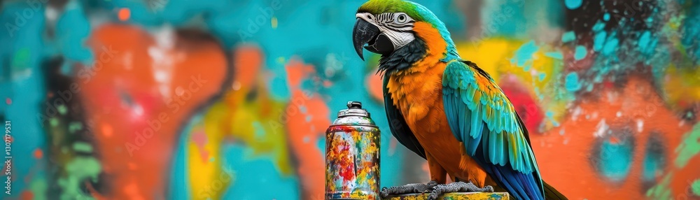 Fototapeta premium Colorful Parrot Standing Next to Paint Spray Cans in Urban Setting