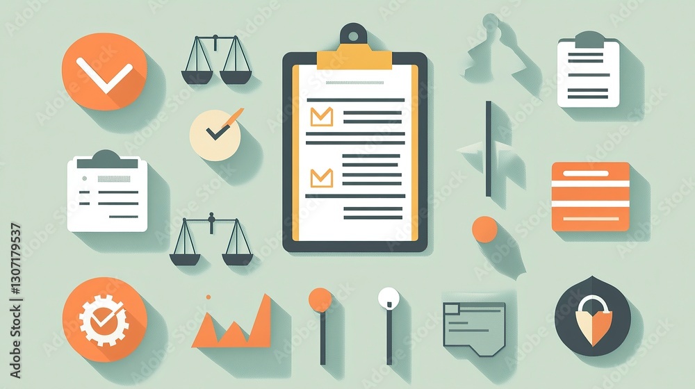 Flat Lay of Compliance Workflow and Regulatory Infographic Elements, Compliance Flat Lay of Compliance Workflow and Regulatory Infographic Elements, Compliance