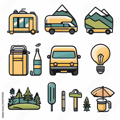 Camping Adventure with Yellow RV, Mountain Views, and Outdoor Essentials