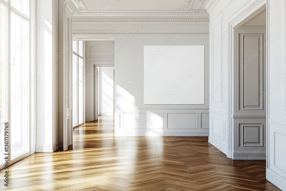 Fototapeta premium Spacious empty hall with blank white poster. AI generated illustration.