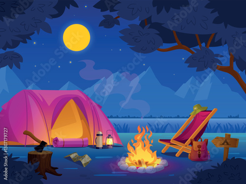 Night camp landscape. Campsite in dark forest, camping with campfire and tent evening picnic woodland nature scene travel hiking trip rest wood bonfire, tidy vector illustration