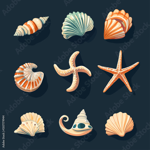 Assorted Sea Shells and Starfish Collection on Deep Blue Background