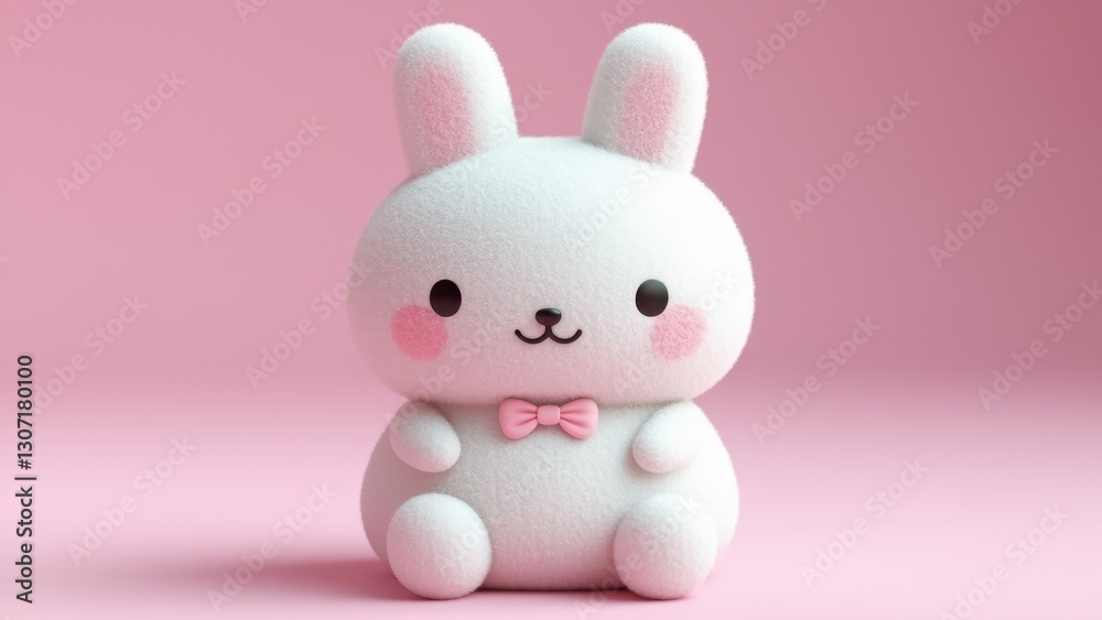 Adorable Kawaii Plush Bunny Toy with Pink Bow and Blush Cheeks on a Pastel Pink Background Adorable Kawaii Plush Bunny Toy with Pink Bow and Blush Cheeks on a Pastel Pink Background