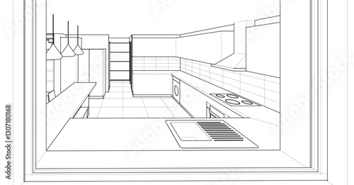kitchen interior sketch 3D illustration