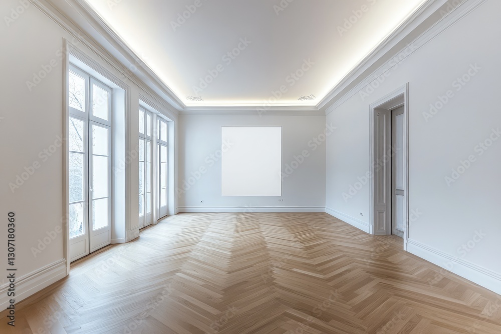 Fototapeta premium Spacious empty hall with blank white poster. AI generated illustration.