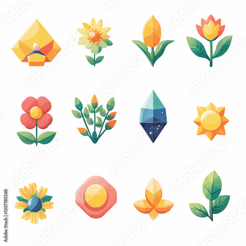Collection of Vibrant Geometric Floral and Gemstone Icons on White