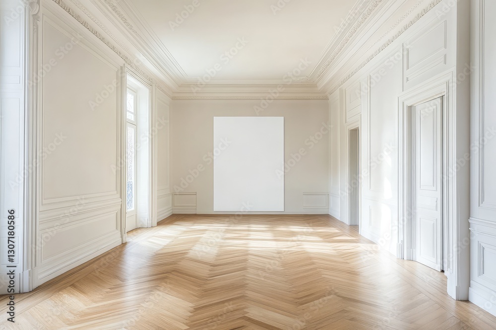 Fototapeta premium Spacious empty hall with blank white poster. AI generated illustration.