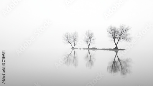 Three leafless trees are reflected in still water on a foggy day