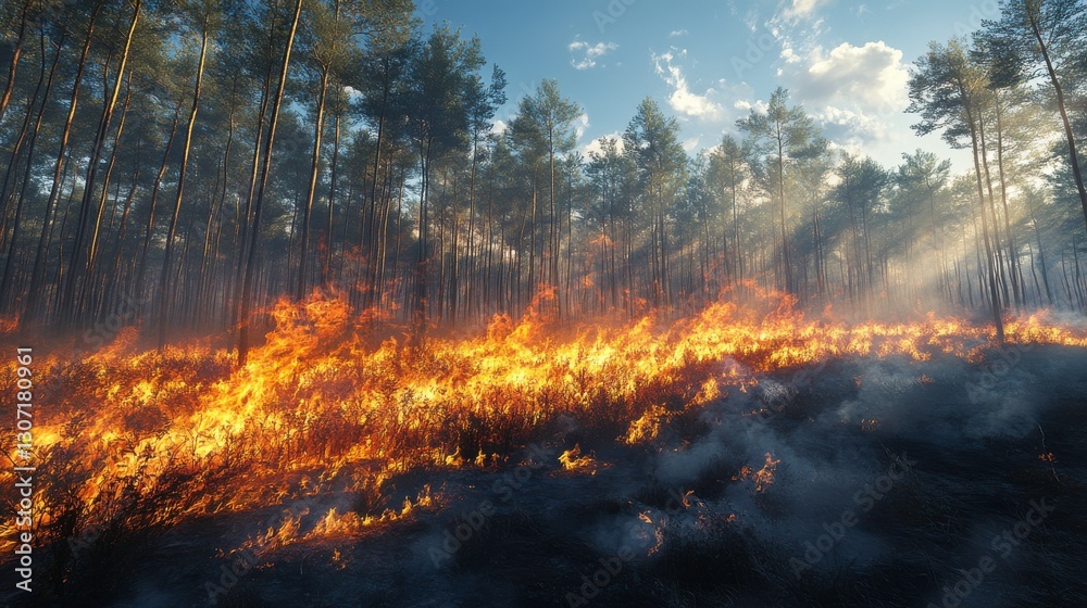 A fiery blaze sweeps through a forest, with smoke billowing and trees silhouetted against a bright sky, capturing the intensity of a wildfire. A fiery blaze sweeps through a forest, with smoke billowing and trees silhouetted against a bright sky, capturing the intensity of a wildfire.