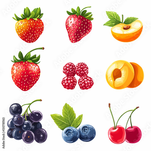 Assorted Fresh Fruit Still Life: Strawberries, Raspberries, Peach, Berries