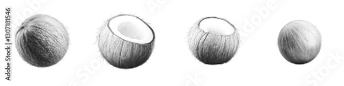 Illustration of a Coconut in Various Perspectives and Styles: Vector Art Design