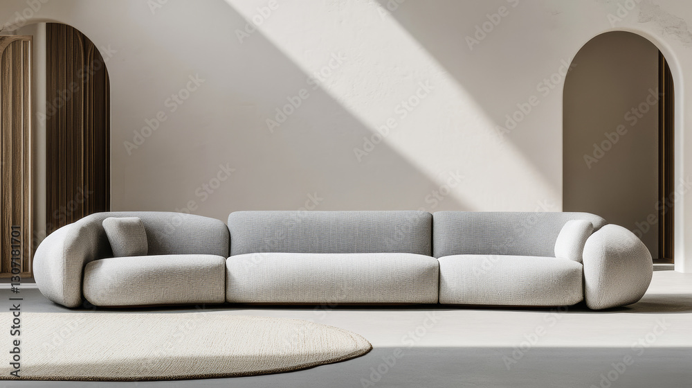 Fototapeta premium Modern minimalist living room with a light blue sofa, coffee table, indoor plants, and soft natural lighting, featuring Scandinavian interior design