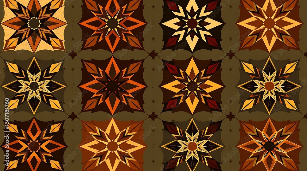 Geometric floral design: A repeating pattern of stylized floral motifs in warm earth tones create a visually captivating geometric design, ideal for textile and graphic design projects. Geometric floral design: A repeating pattern of stylized floral motifs in warm earth tones create a visually captivating geometric design, ideal for textile and graphic design projects.