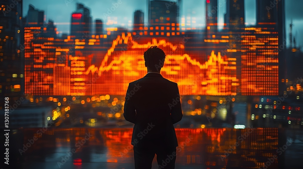 Fototapeta premium Businessperson standing in front of a fluctuating stock market chart, analyzing economic changes
