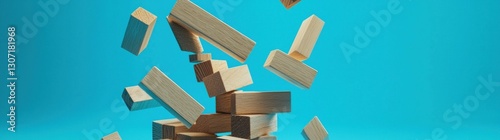 Dynamic wooden blocks falling against a vibrant turquoise background, showcasing movement and playfulness, perfect for concepts of creativity and play