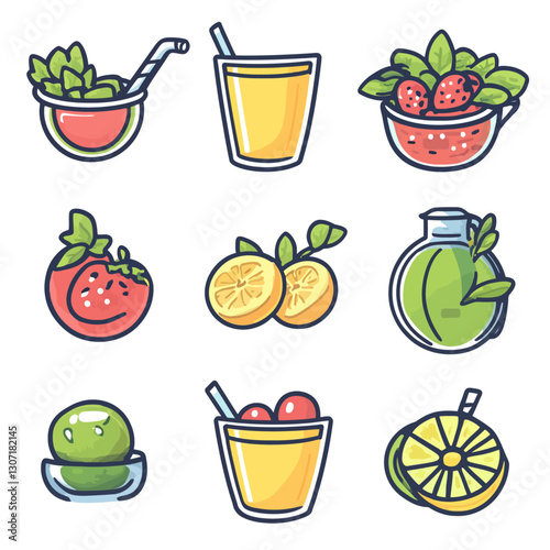 Cartoon fruit icons: strawberry, lemon, orange, melon, juice, smoothie