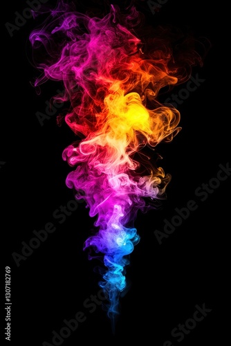 A vibrant swirl of colorful smoke rises against a dark background, showcasing a spectrum of hues from red to blue.