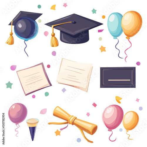 Graduation Caps Balloons and Diploma Vector Celebration Background Design