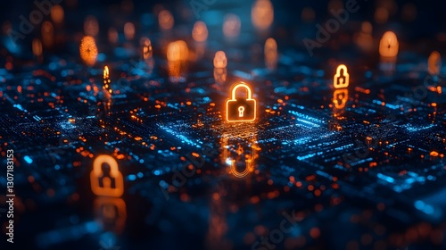 Abstract representation of quantum cryptography with glowing digital lock symbols