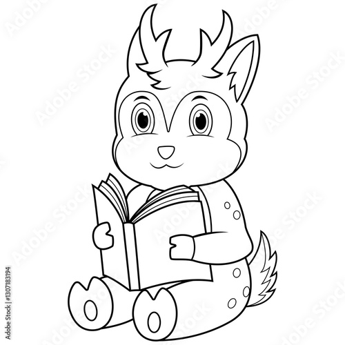 A cartoon of a deer reading a book line art
