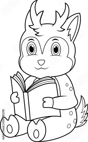 A cartoon of a deer reading a book line art