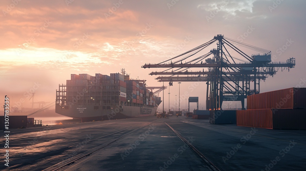Large cargo ship docked at empty port with stacked containers and idle cranes, symbolizing port strike and industrial tension. Large cargo ship docked at empty port with stacked containers and idle cranes, symbolizing port strike and industrial tension.
